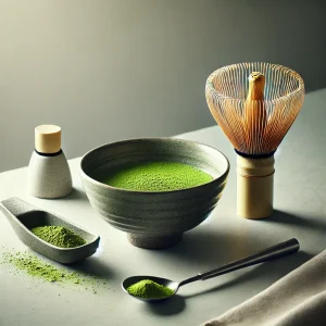 Traditionele matcha theeceremonie met een kom ceremoniële matcha, een bamboe klopper (chasen) en een matcha lepel (chashaku) op een minimalistische ondergrond.