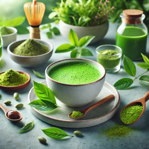 Gezondheidsvoordelen van matcha thee in een serene setting met kruiden en bladeren, benadrukking van de natuurlijke en detox-eigenschappen van matcha.