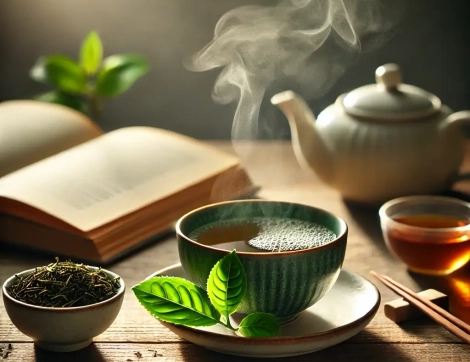 Kop groene thee op een bureau