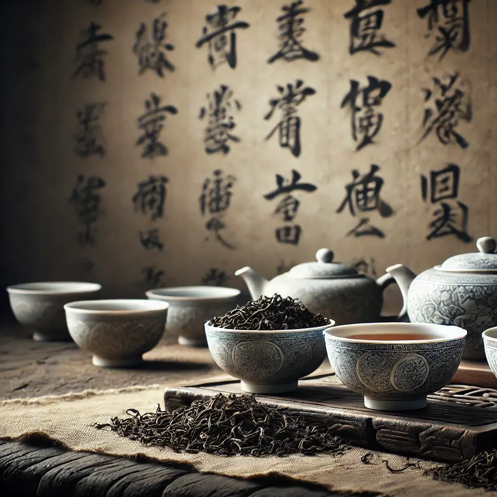 Oude Chinese theekommen en gedroogde theebladeren,.