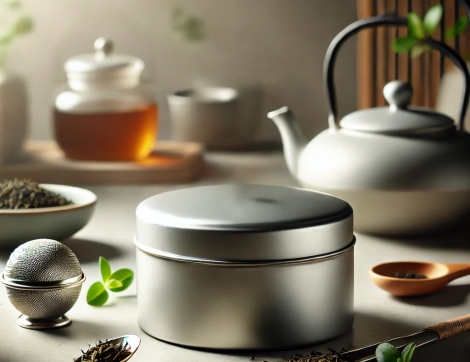 Elegante zilverkleurige theeblik omringd door losse theebladeren, een thee-ei en een theelepelclip, met een rustige keukenachtergrond.