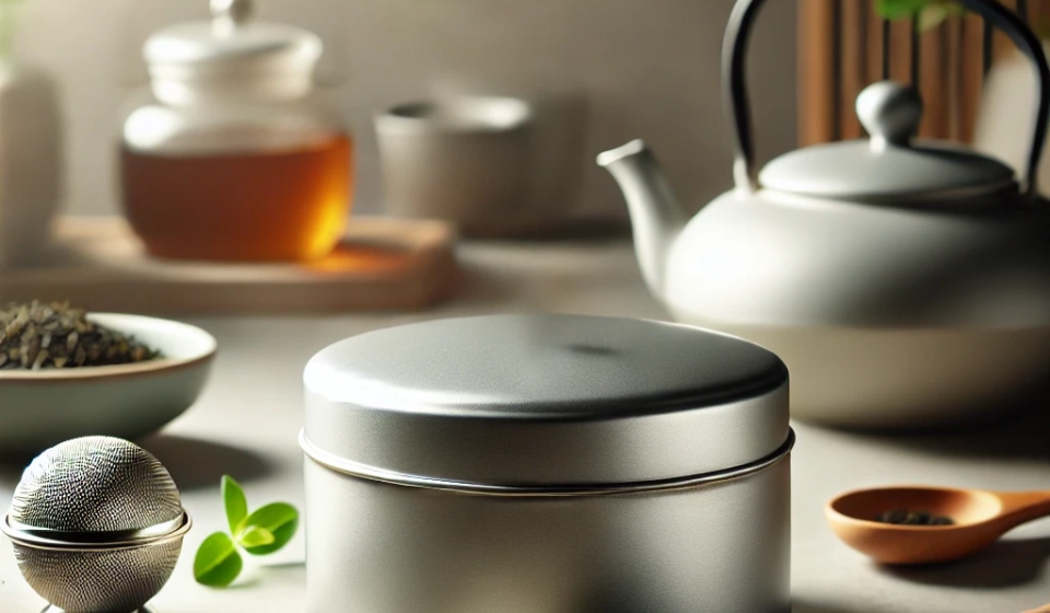 Elegante zilverkleurige theeblik omringd door losse theebladeren, een thee-ei en een theelepelclip, met een rustige keukenachtergrond.